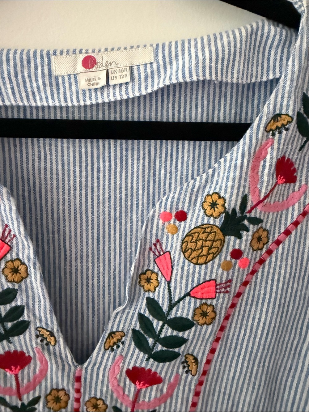 Boden Linen Blend Embroidered Striped Shift Dress Blue White Floral | US 12R - Picture 5 of 5